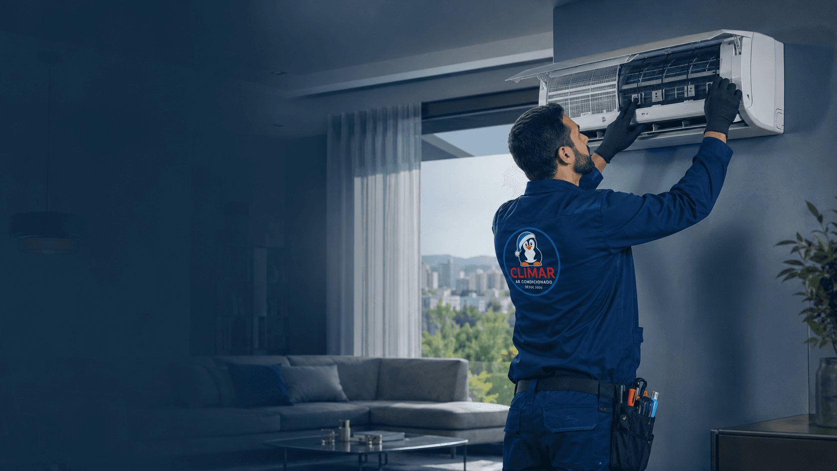 Técnico da Climar realizando manutenção em ar-condicionado